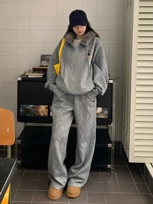 DAZY Women's Plush Hooded Long Sleeve Sweatshirt And Pants Casual Daily 2 Pieces Set Fall - Grey - View 5