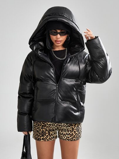 SHEIN Black Padded Hooded Coat Women's Black Quilted Jacket Padded Coat Padded Black Hoodie Jacket