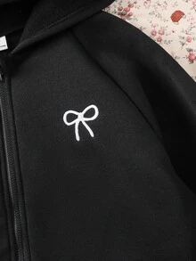 SHEIN 青少年女孩蝴蝶結刺繡圖案拉鍊連帽衛衣 - 黑色 - 查看 7