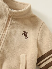 SHEIN 中性嬰兒男/女童、幼兒 2件組秋冬保暖內裡加厚可愛立領夾克套裝，嬰兒冬季服飾，運動套裝 - 卡其色 - 查看 3