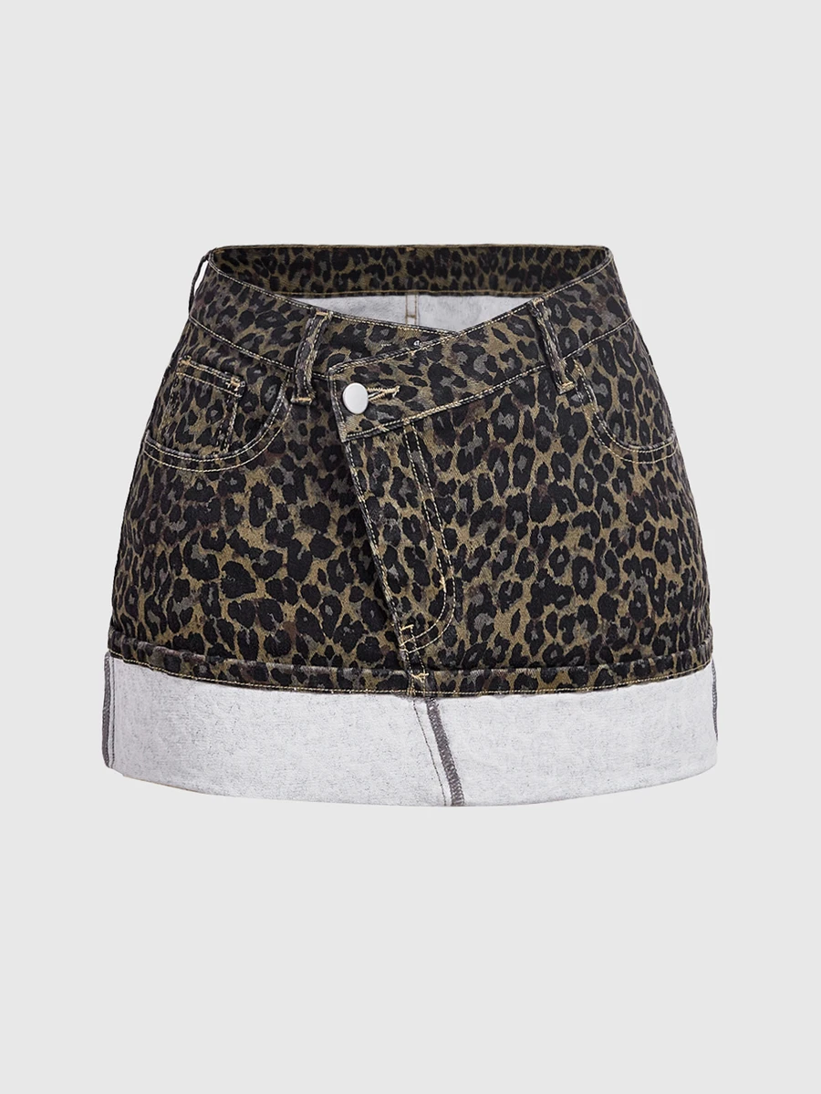 SHEIN MOD 女款豹紋不對稱腰頭休閒牛仔裙,附口袋 - 彩色 - 查看 1