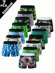 7pcs Boys Comfortable Printed Green & Navy Blue Pixel Block Pattern Street Style Cool Random Assorted Boys Fashion Cartoon Print Boxer Briefs - Multicolor - View 1