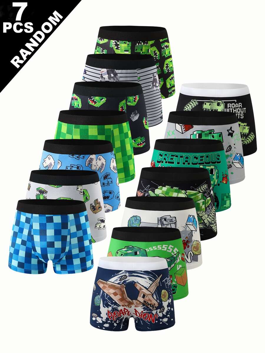 7pcs Boys Comfortable Printed Green & Navy Blue Pixel Block Pattern Street Style Cool Random Assorted Boys Fashion Cartoon Print Boxer Briefs - Multicolor - View 1