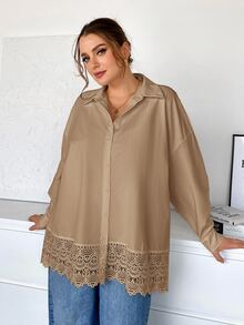 SHEIN Essnce Plus Size Women Solid Color Casual Versatile Everyday Outing Shirt - Khaki - View 4