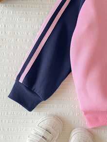 SHEIN 女童圓領蝴蝶結圖案拼色長袖運動衫與運動長褲休閒日常套裝 - 藏蓝色 - 查看 6