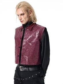 ROMWE MEN Casual Men's Solid Color PU Leather Fashion Versatile Suit Vest - Burgundy - View 5