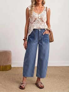 EMERY ROSE Plus Size Women's Pocket Design Striped Casual Loose Fit Denim Jeans - Dark Wash - View 5