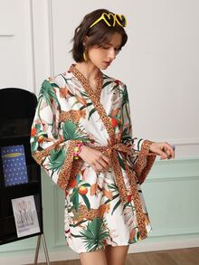 Chillnights Women's Vacation Botanical Leopard Print Long Sleeve Robe - Multicolor - View 1