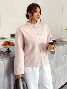 Firerie Plus Size Women's Solid Color Drop Shoulder Long Sleeve Frog Button Design Casual Jacket - Apricot - View 8