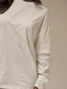 MUSERA ESSENTIALS Solid White Double Layer Overlay Sleeve Crew Neckline Oversized Fit T-Shirt Top Basics Loungewear Casual Everyday Essentials - White - View 5