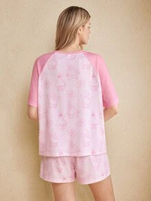 SpongeBob SquarePants | SHEIN Women's Raglan Short Sleeve T-Shirt And Shorts Loungewear Set - Baby Pink - View 2