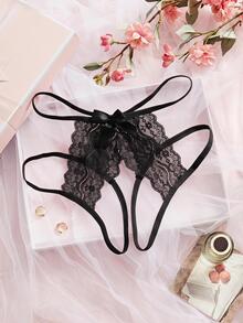 Spicy Aura 1pc Women's Lace Bow Open Crotch Panties - Black - View 3