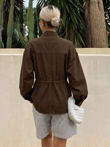 Livesso Women's Fashion Button Drawstring Tie Denim Top - Brown - View 2