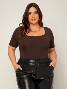 SHEIN BASICS 大尺碼純色圓領連身衣女款夏季穿搭 - 棕色 - 查看 3