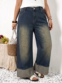 SHEIN ICON Plus Size Women's Casual Versatile Daily Wear Denim Jeans With Pockets And Buttons - Dark Wash - View 3