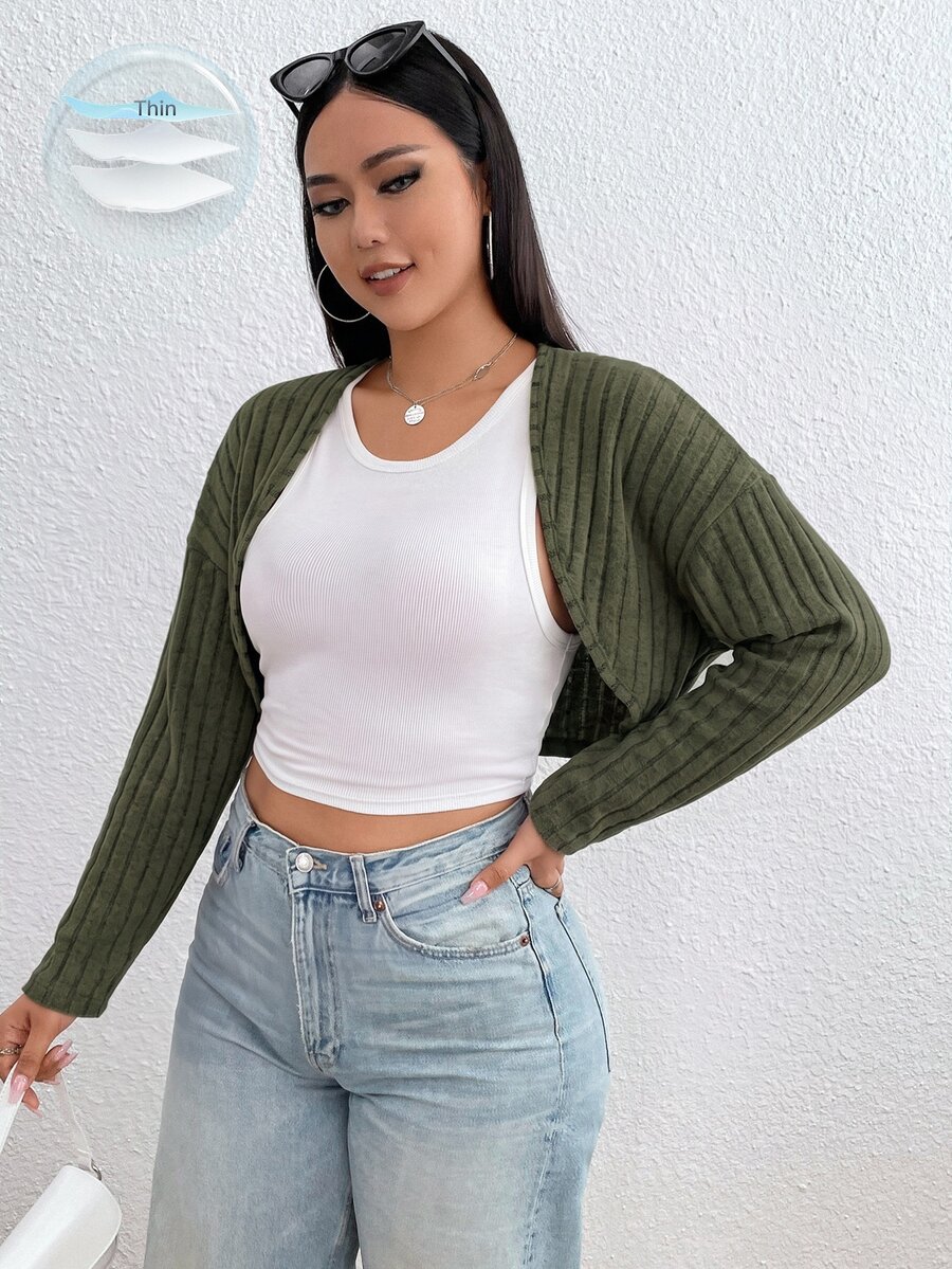 SHEIN EZwear Plus Solid Crop Black Jacket Without Tank Top Fall - Army Green - View 1
