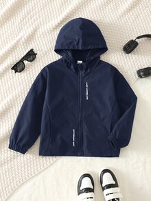 SHEIN 兒童小男孩休閒日常百搭舒適字母印花連帽寬鬆長袖薄款梭織外套 - 藏蓝色 - 查看 3