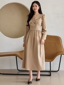 DAZY Women's Solid Color Double-Breasted Puff Long Sleeve Elegant Mid-Length Dress Fall - Apricot - View 4