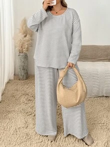 SHEIN CURVE+ Plus Size Striped Long Sleeve Top And Pants 2-Piece Set, Casual Vacation Outfit, Women's Autumn Casual Set - Apricot - View 6