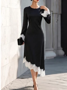SHEIN Women's Contrast Lace Round Neck Long Sleeve Elegant Asymmetric Hem Dress - Black - View 4