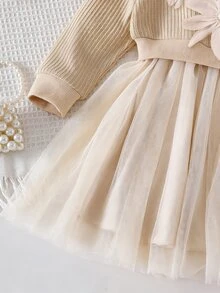 SHEIN Toddler Girls Set Polyester Round Neck Long Sleeve Botanical Ruffle Patchwork Short A-Line Loose Fit Princess Dress Fall Khaki - Khaki - View 5