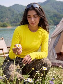 Exploreva Women's Solid Color Round Neck Long Sleeve Daily Fitness Outdoor T-Shirt - Mustard Yellow - View 7