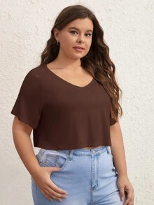 SHEIN BASICS 大尺碼純色V領短版T恤 夏季女款上衣 夏日穿搭 - 咖啡棕 - 查看 5