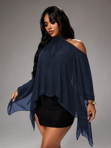 Rustia Plus Size Cold-Shoulder Halter Neck Striped Casual Comfortable Flowy Blouse For Spring And Summer - Navy Blue - View 6