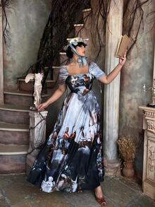 Lyrianda Fashionable Oil Painting Print Waist-Cinching Round Neck Dress Halloween - Multicolor - View 5