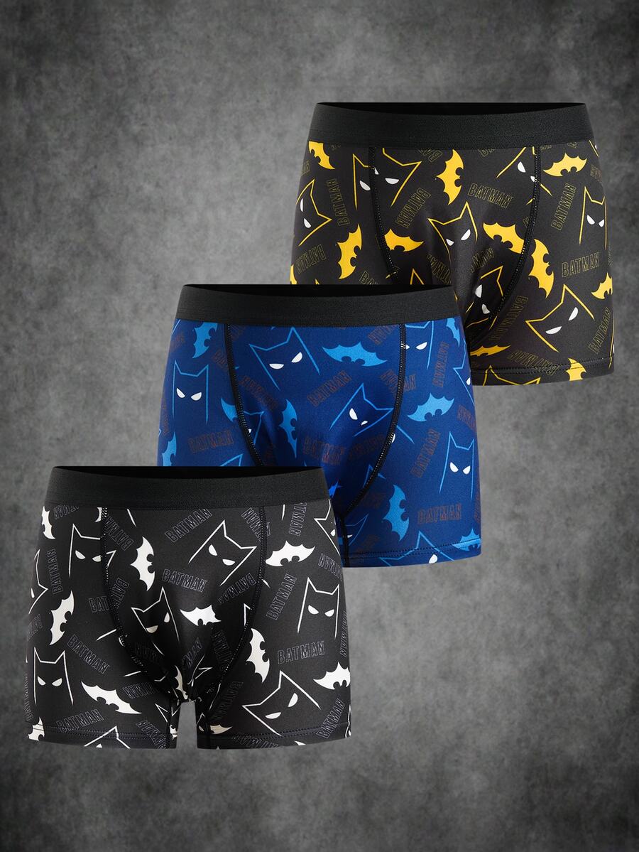 BATMAN X SHEIN 3pcs Tween Boy Cartoon Print Boxer Briefs, 4-Needle 6-Thread Seamless Craft - Black - View 1