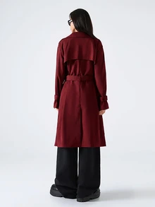 SHEIN EZwear 女款休閒雙排扣風衣外套，秋季 - 酒紅色 - 查看 2