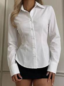 SHEIN EZwear 女款素色休閒百搭日常穿著襯衫 - 白色 - 查看 6