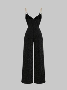 Sweetra Women's Autumn/Winter Cowl Neck Metal Straight Leg Jumpsuit - Black - View 2