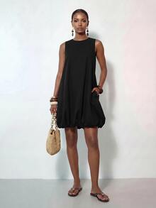 Zivah Women's Solid Color Round Neck Sleeveless Pocket Bud Casual Mini Dress - Black - View 6
