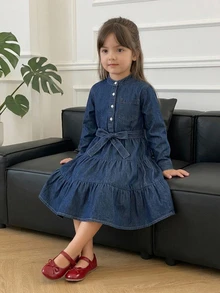 Dazy Kids 大童女孩秋季牛仔吊帶裙 - 深色水洗藍 - 查看 6