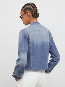 Maija Women's Zipper Front Long Sleeve Casual Napoleon Denim Jacket - Blue - View 2