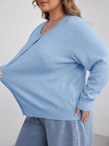 SHEIN CURVE+ Plus Size Casual Solid Color Round Neck Long Sleeved Loose Cut Women's Yellow Sweater Cardigan, Winter - Blue - View 6