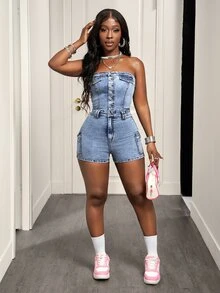 SHEIN PETITE Women's Single-Breasted Bandeau Cargo Pocket Denim Romper - Light Wash - View 5