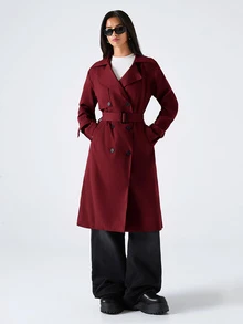 SHEIN EZwear 女款休閒雙排扣風衣外套，秋季 - 酒紅色 - 查看 6