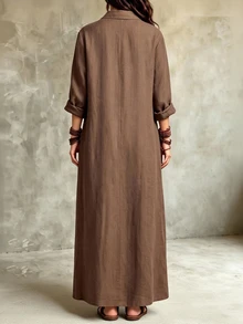 SHEIN LUNE CURVE Plus Size Solid Color Casual Lapel Front Slit Design Long Comfortable Linen Dress - Brown - View 2