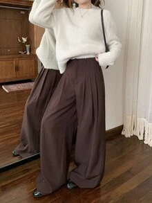 DAZY Celana Panjang Wanita Kasual Serbaguna Warna Polos dengan Potongan Lebar untuk Musim Gugur - Coklat - View 5