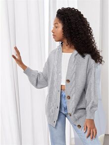 SHEIN 青少年女孩秋冬休閒純色連帽開襟羊毛衫 - 灰色 - 查看 5