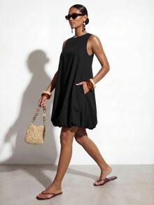 Zivah Women's Solid Color Round Neck Sleeveless Pocket Bud Casual Mini Dress - Black - View 4