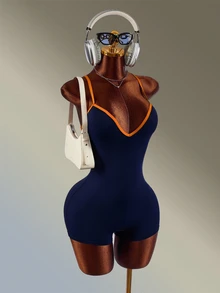 Amplova Women's Blue & Orange Colorblock X-Strap Backless Sports Romper - Navy Blue - View 4