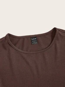 SHEIN BASICS 女款純色圓領短版上衣，黑色 - 棕色 - 查看 4