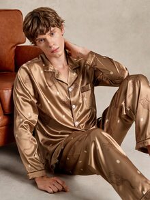 EverLounge Atasan Pria Berkerah Satin dengan Saku, Bukaan Depan, Motif Leopard dengan Saturasi Rendah, Pakaian Santai - Coklat - View 7