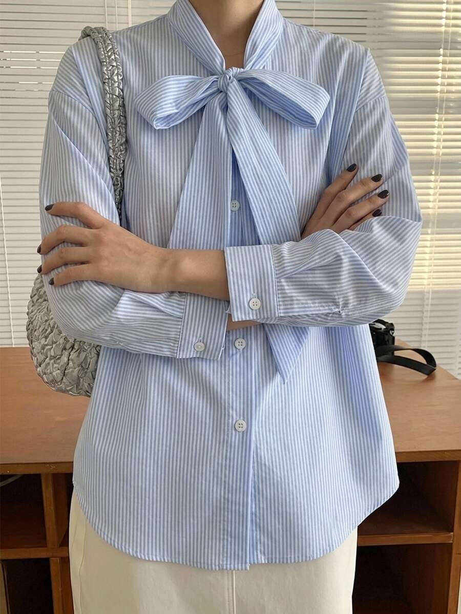 DAZY Casual Commute Striped Collar Tie Long Sleeve Shirt - Blue - View 1