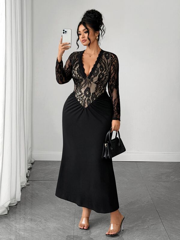 Elenzga Vestido Maxi Sirena Elegante de Encaje con Manga Larga, Escote en V Profundo y Fruncido, Ajustado al Body, Talla Grande para Mujer, Adecuado para Uso Diario, Citas y Fiestas