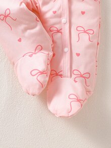 SHEIN Pink Bow Love Print Cute Newborn Autumn 5-Piece Gift Set Including Jumpsuit, Hat, Gloves, Pants Long Sleeves Family Pastel Pink Light Pink - Pink - View 5