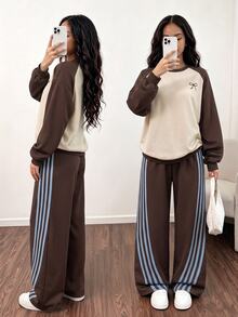 SHEIN 青少年女孩秋季套裝 粉色與酒紅色拼色插肩袖圓領運動衫搭配側條紋寬腿運動長褲 2件套 - 棕色 - 查看 1